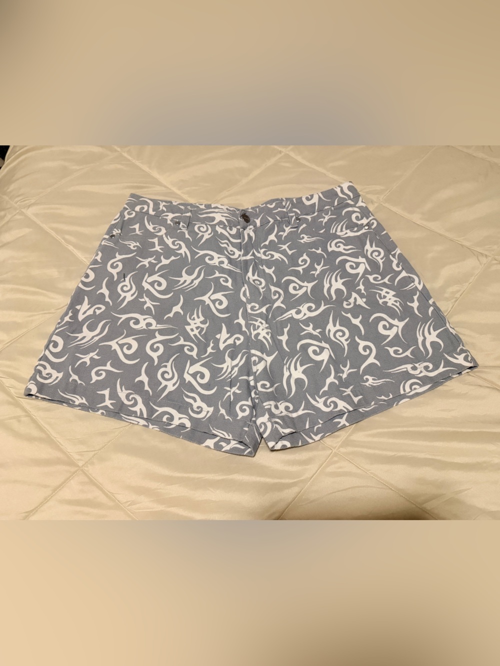 Afends Blue and White Tribal Print Bermudas